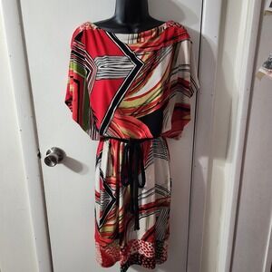 Womens Chaya Dress Size 10 Medium Red Geometric Print Belted